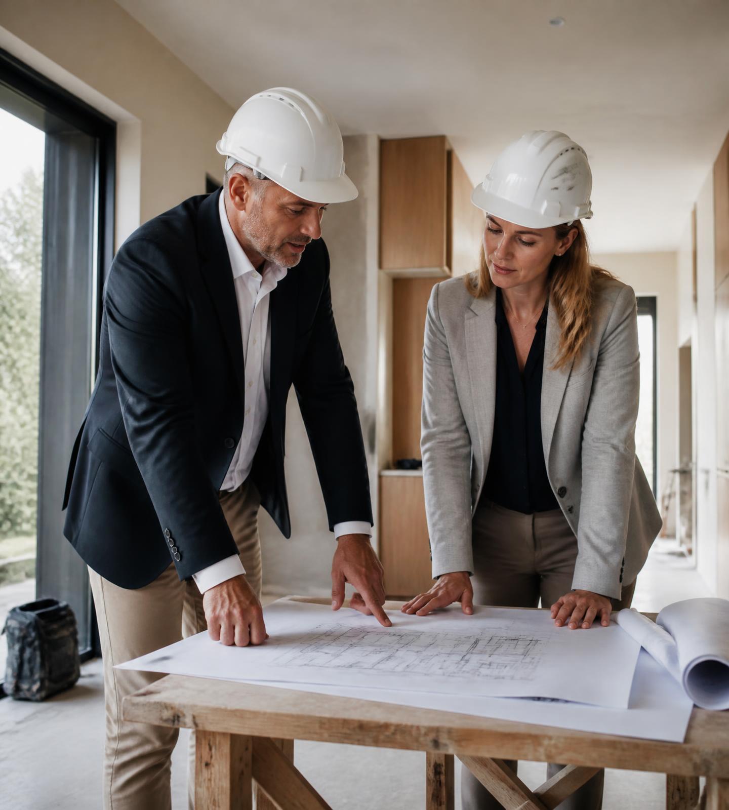 Project manager and architect reviewing drawings on site