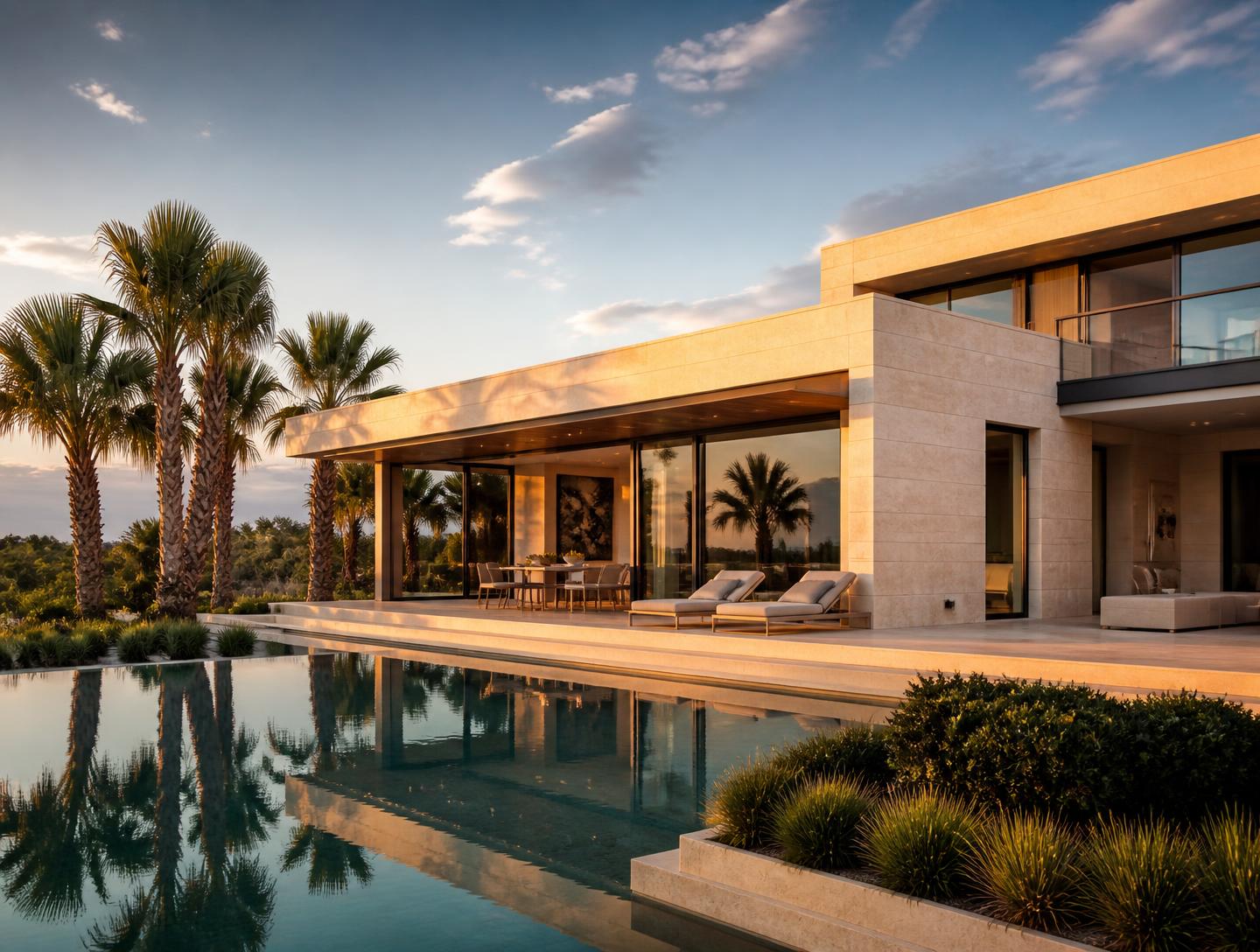 Completed custom home with terrace and pool